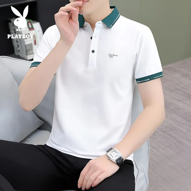 花花公子翻领短袖T恤男士夏季新款潮流修身POLO衫商务半袖上衣服