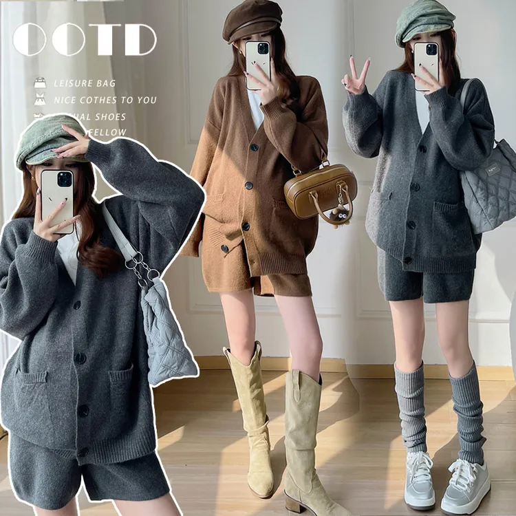 十月/孕妇韩系开衫针织套装秋冬时尚洋气减龄V领上衣+短裤两件套