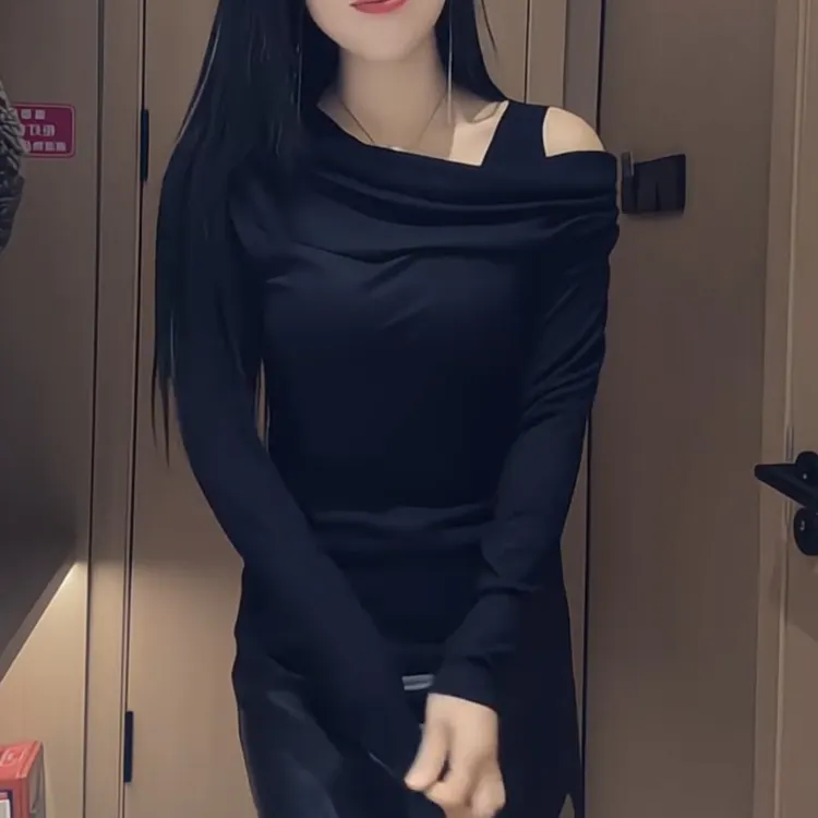 新款春季新款斜肩长袖设计感显瘦百搭打底T恤上衣