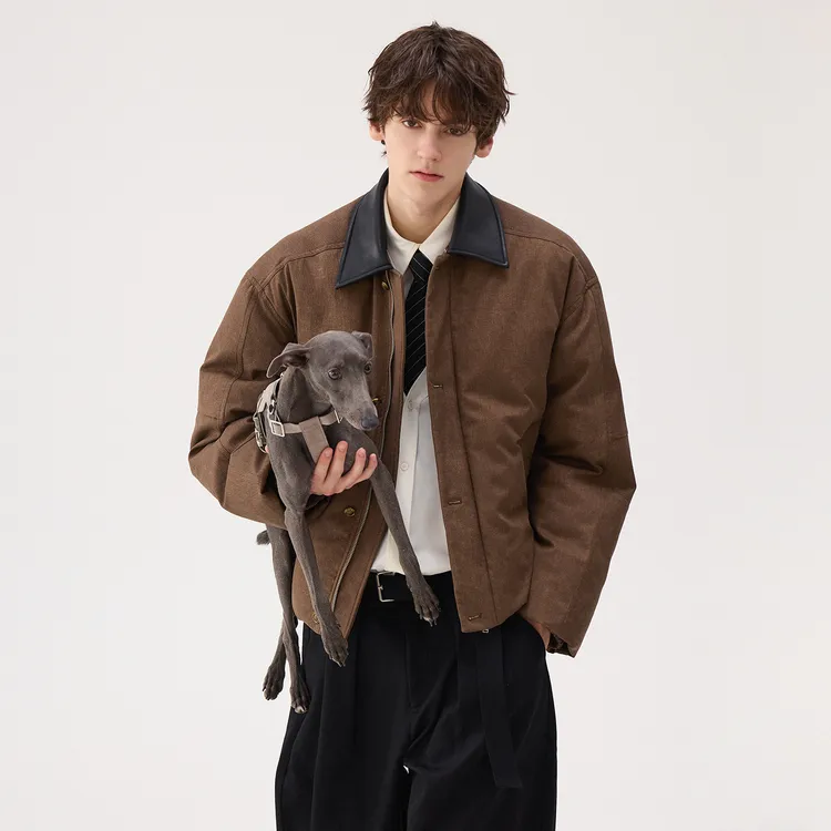 CHICERRO西西里男装高级感棉布拼接皮领棉服短款休闲百搭复古冬季