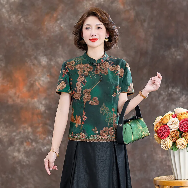 齐黛新中式大品牌香云纱上衣女2025新款立领复古减龄妈妈真丝衬衫