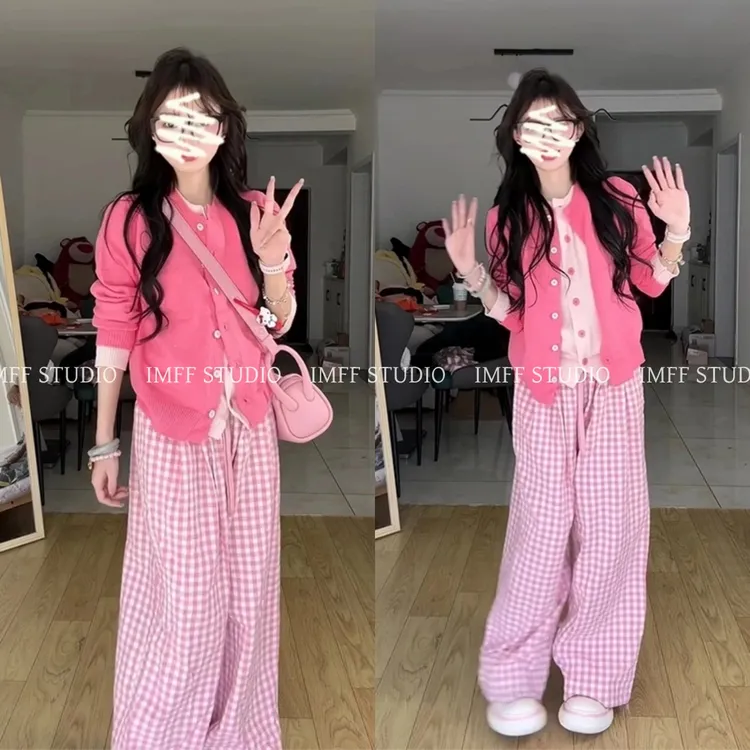 2025春季新款女韩系穿搭拼色假两件针织毛衣高腰格纹抽绳休闲长裤