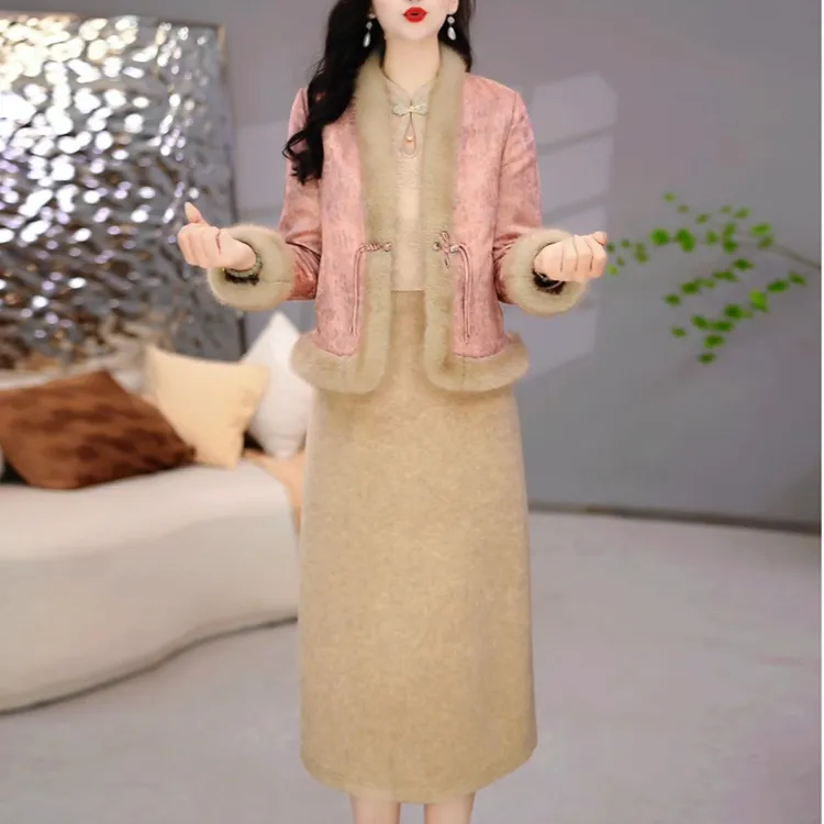 新中式国风加厚套装女2025冬季新款女士优雅显瘦连衣裙棉服两件套