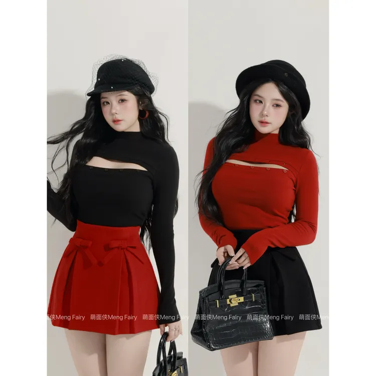现货萌面侠【辣妹日记】磨毛上衣红色高腰半裙圣诞套装7033M6694M