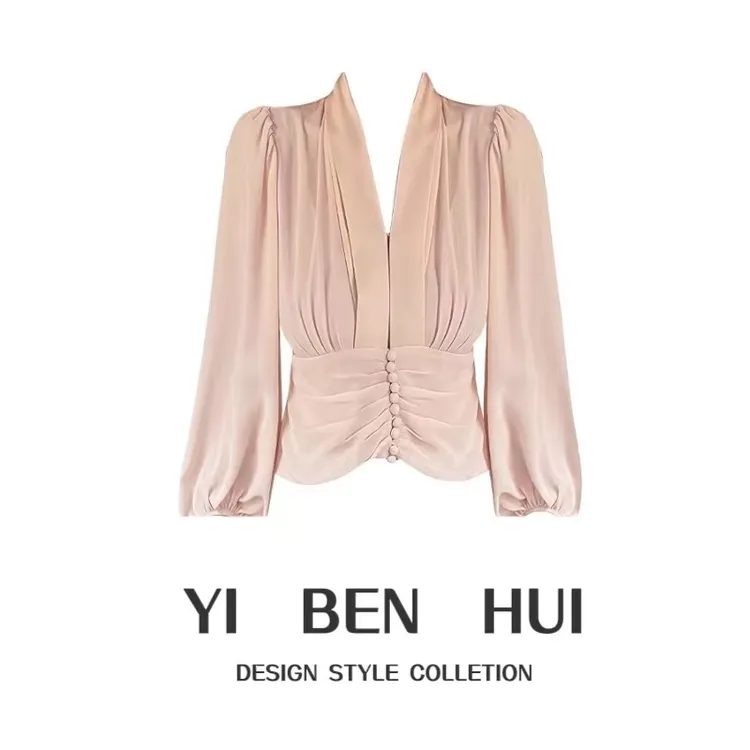 云雾蔓纱法式气质V领显瘦设计感衬衫珍珠扣压褶灯笼袖衬衣上衣