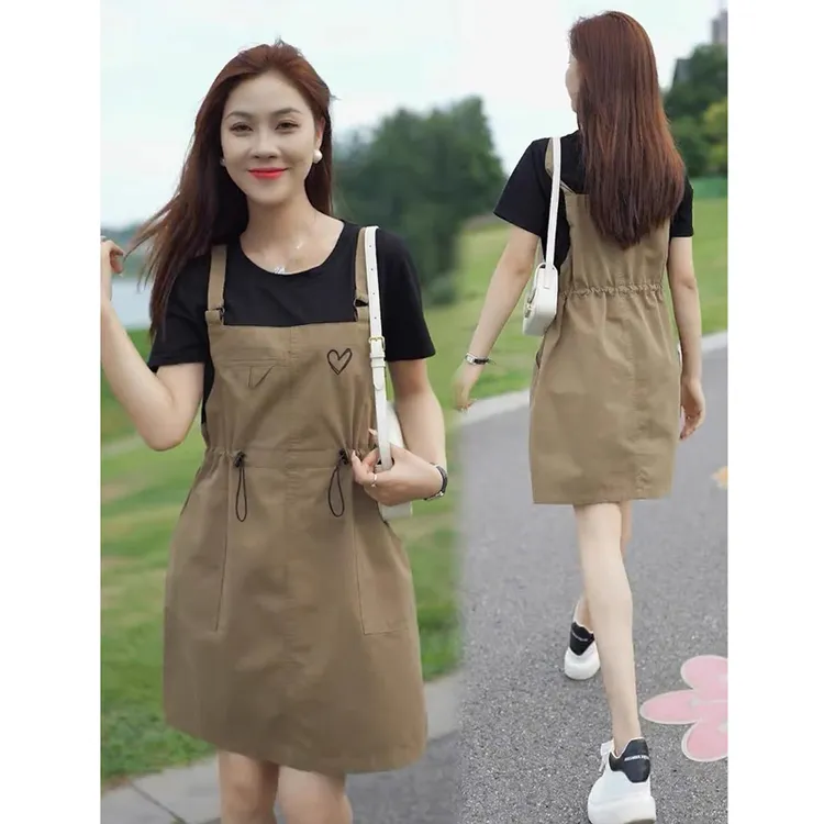 夏季新款假两件宽松休闲百搭减龄 韩版洋气时尚中长连衣裙 9121