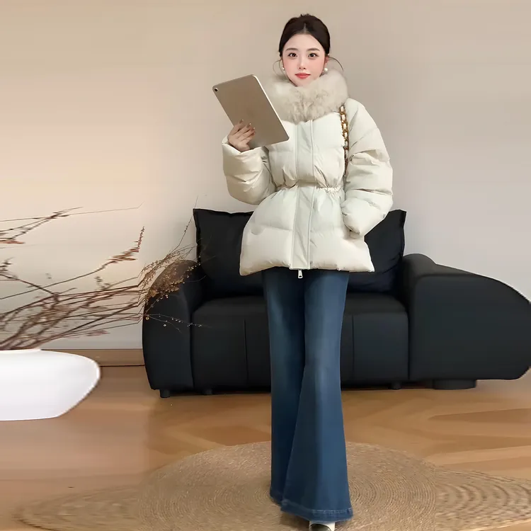 三彩韩系中长款毛领羽绒服女冬装新款抽绳收腰显瘦名媛风温柔外套