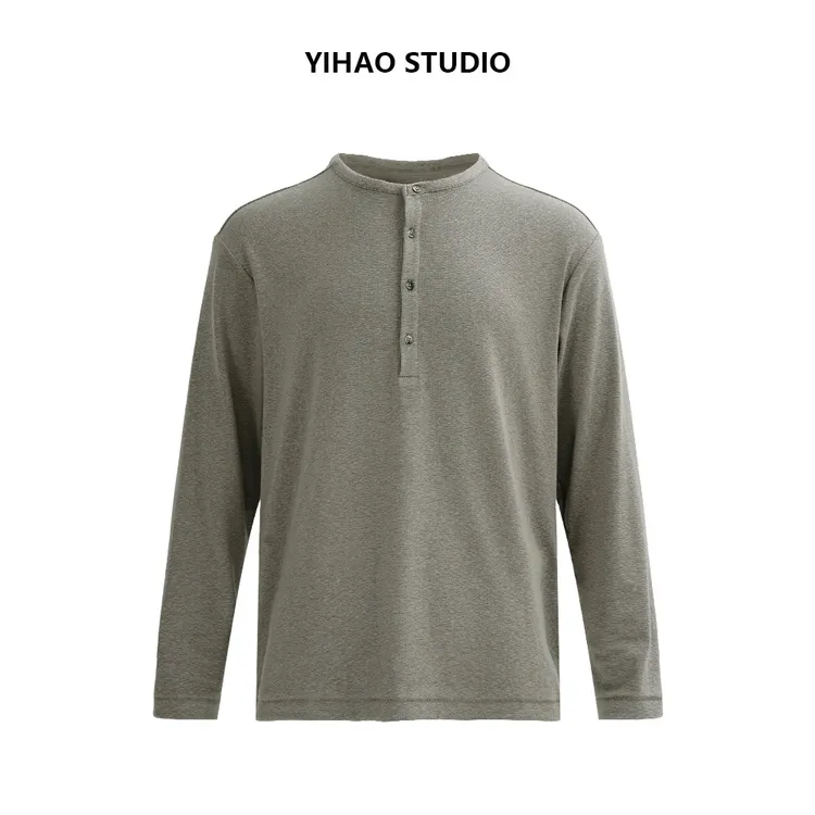 YIHAO STUDIO秋季男款亨利领长袖T恤美式时尚休闲宽松百搭针织衫
