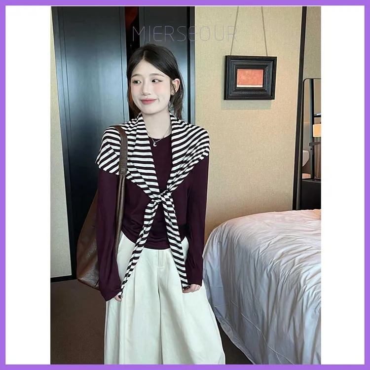 新款复古文艺风披肩设计条纹针织衫宽松柔软长袖上衣两件套I4-89