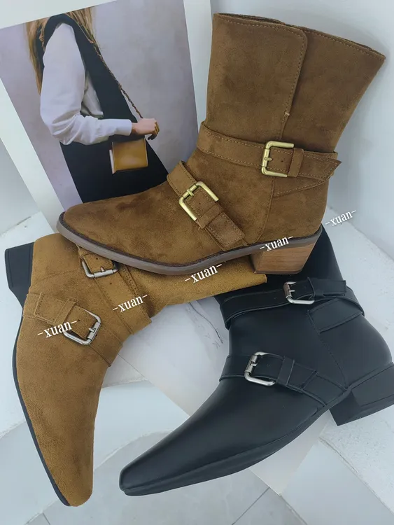 高跟欧美风复古港风方头尖头短靴秋冬靴子休闲冬季户外百搭