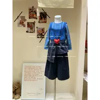 女童秋季蓝色针织上衣两件套2025秋装韩版童装女宝宝洋气叠穿套装
