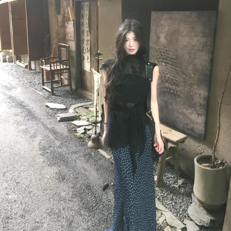 韩系时尚套装女夏季新款辣妹设计感无袖背心显瘦上衣半身裙长裙