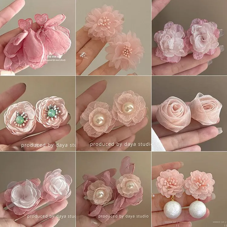 合金亚克力耳饰 超仙网纱花朵耳环耳夹无耳洞仿珍珠耳钉甜美适合