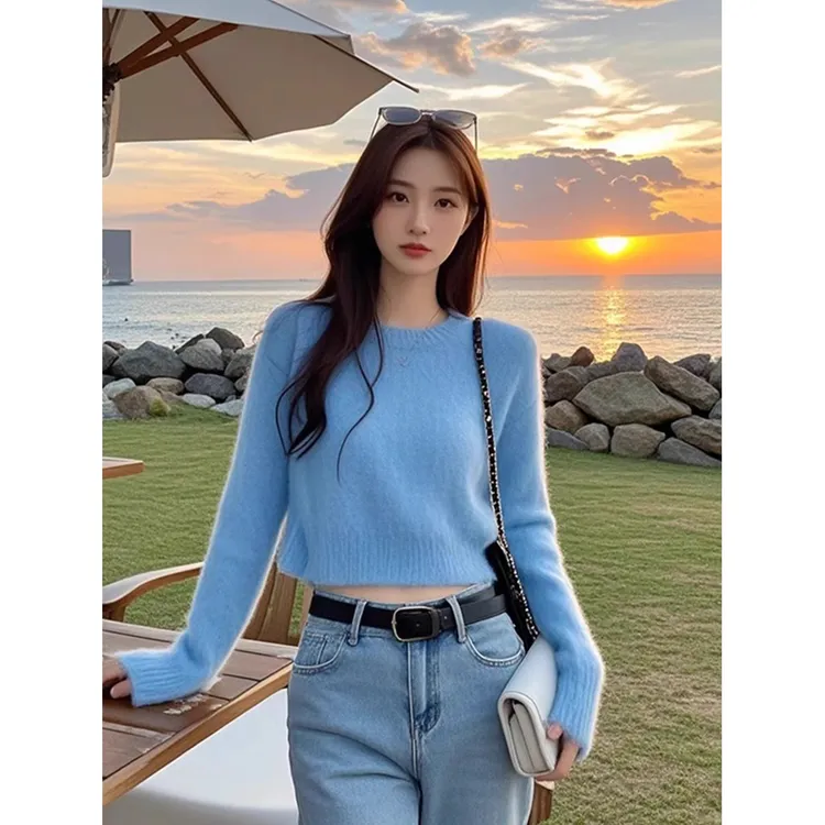 秋冬独特别致小个子软糯短款毛衣针织衫女设计感小众长袖绝美上衣