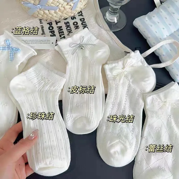 早春新款蝴蝶结白色袜子女卷边jk袜子夏季超薄透气棉袜日系船袜