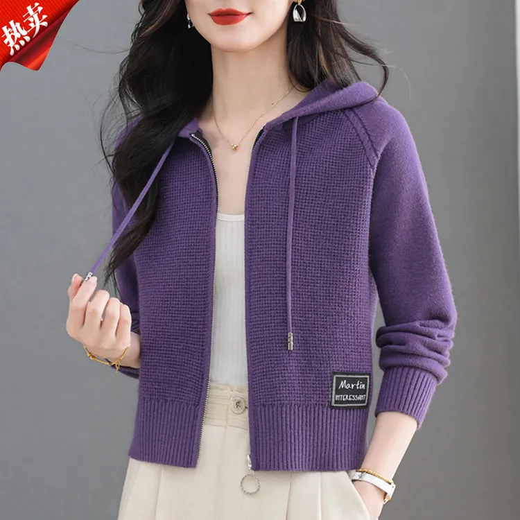 【原版正品】羊毛衫女短款针织开衫外套高腰连帽时尚洋气简约厚外搭