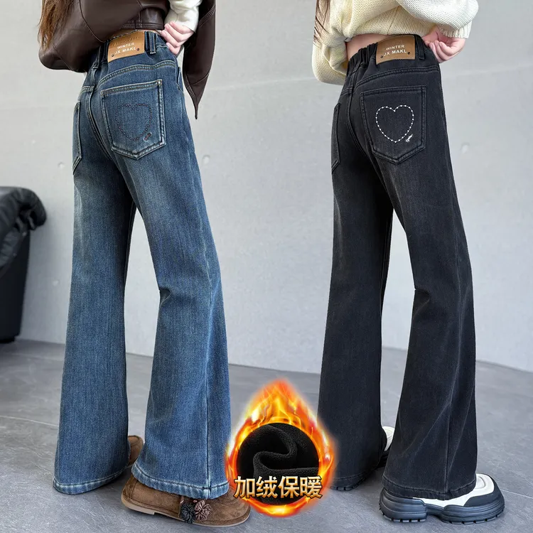 女童加绒牛仔喇叭裤秋冬新款儿童洋气加厚微喇裤子初中生大童冬装