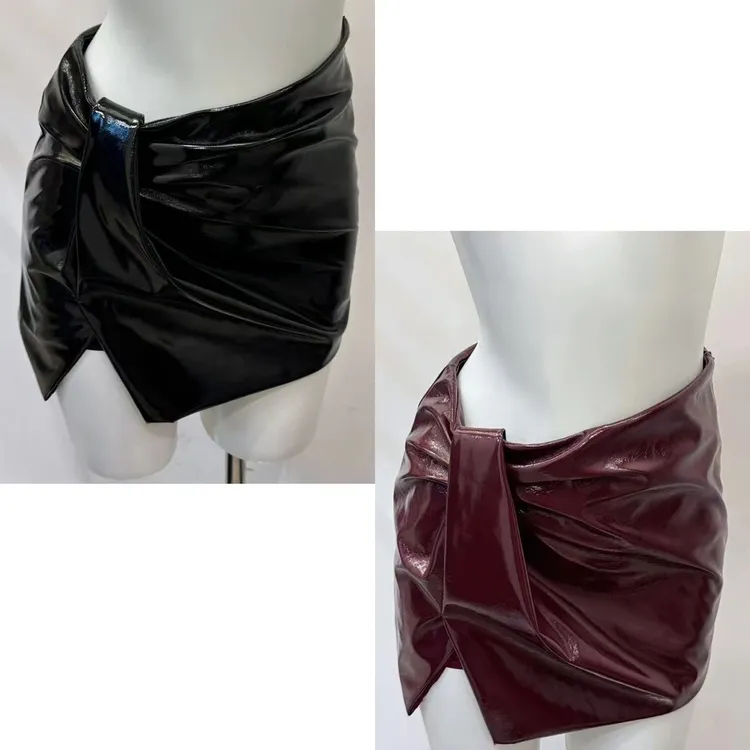 亮面皮裙A字短裙开叉裙