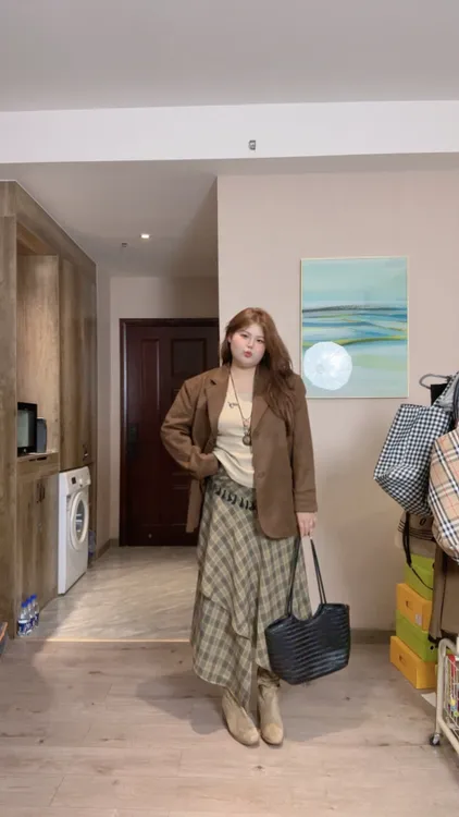 【如如专属】麂皮绒西装外套女小个子流苏格纹裙内搭T恤格纹丝巾套装