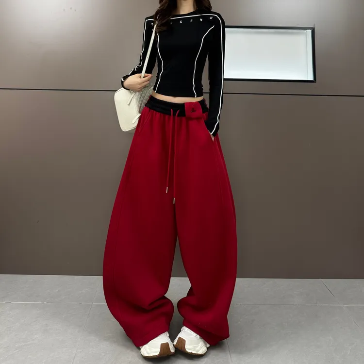 时尚韩版百搭休闲拖地裤女2025秋冬新款宽松显瘦高腰加绒弯刀卫裤