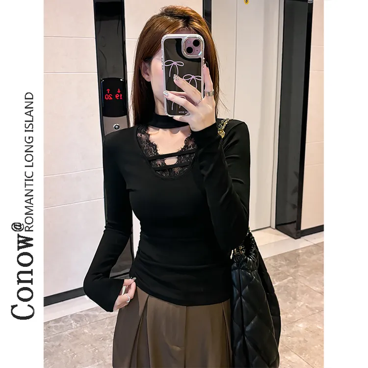 彩诺纯欲风挂脖T恤女显瘦蕾丝拼接v领加绒上衣秋冬修身加绒打底衫