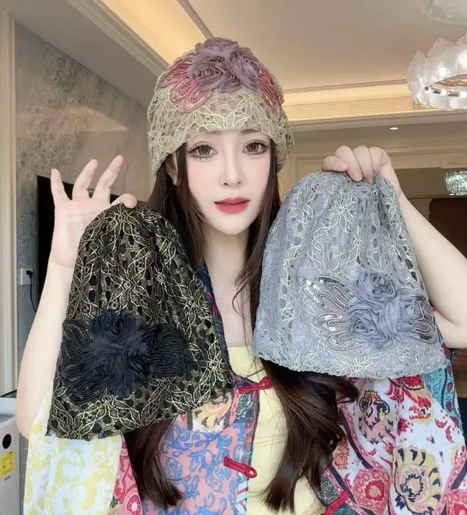 夏天戴的冷帽水溶蕾丝包头帽堆堆帽气质夏季女帽