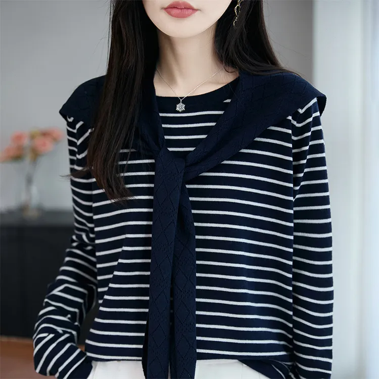 品牌2025秋季新款洋气独特别致披肩条纹针织衫时尚百搭减龄上衣女