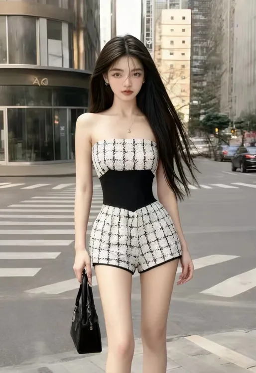 网格设计感小众抹胸裙时尚秋季新款露肩一字领连体裤收腰显瘦