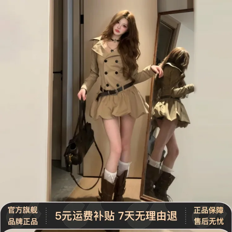 韩系气质长袖风衣连衣裙女2026早秋新款收腰显瘦学院风格气质穿搭