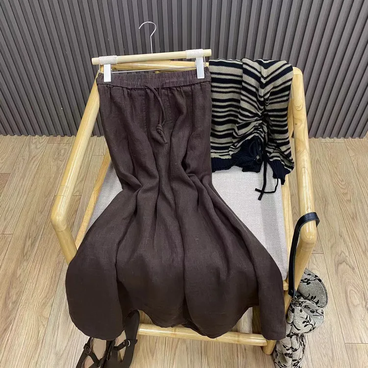 高腰抽绳亚麻半身裙纯色宽松文艺复古中长百搭早秋长裙女Qbq965
