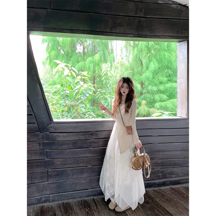 设计感新中式禅意不规则针织衫重工网纱半身裙女2025秋季新款套装
