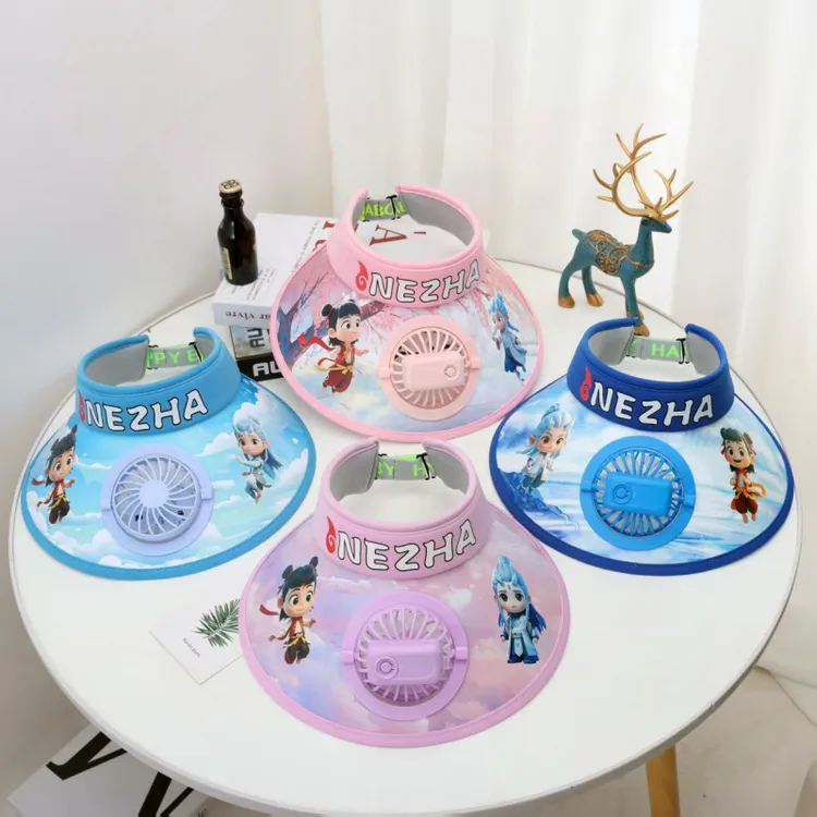 夏季儿童遮阳帽USB充电风扇空顶帽可爱卡通男女童大帽檐防晒帽子