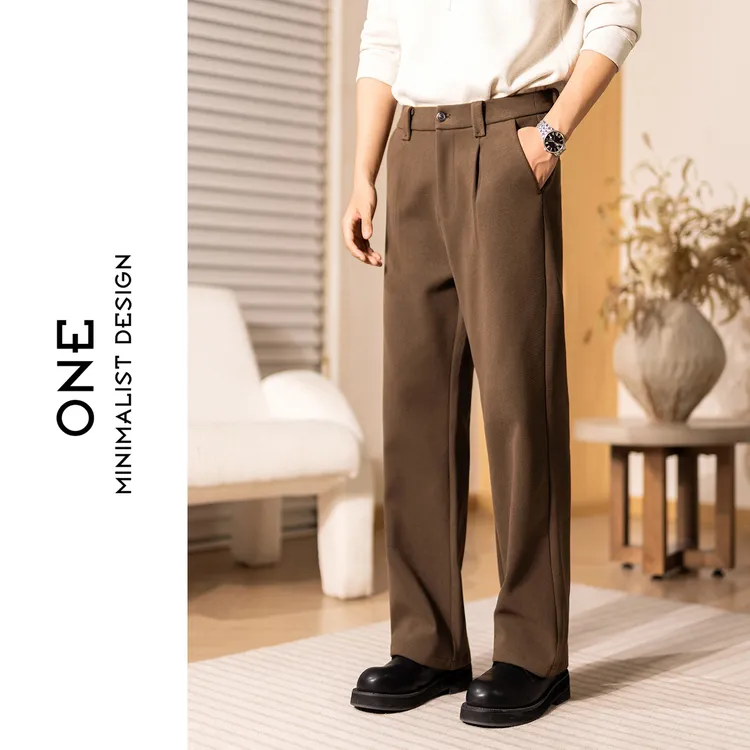 秋冬极简风男士高腰直筒休闲裤宽松长裤老钱风高级感质感毛呢裤