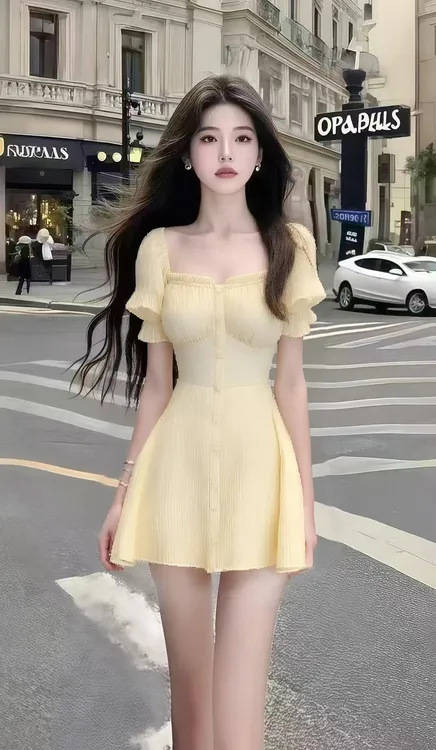 轻奢新款时尚休闲风黄色方领短袖收腰设计感连衣裙女气质显瘦女装
