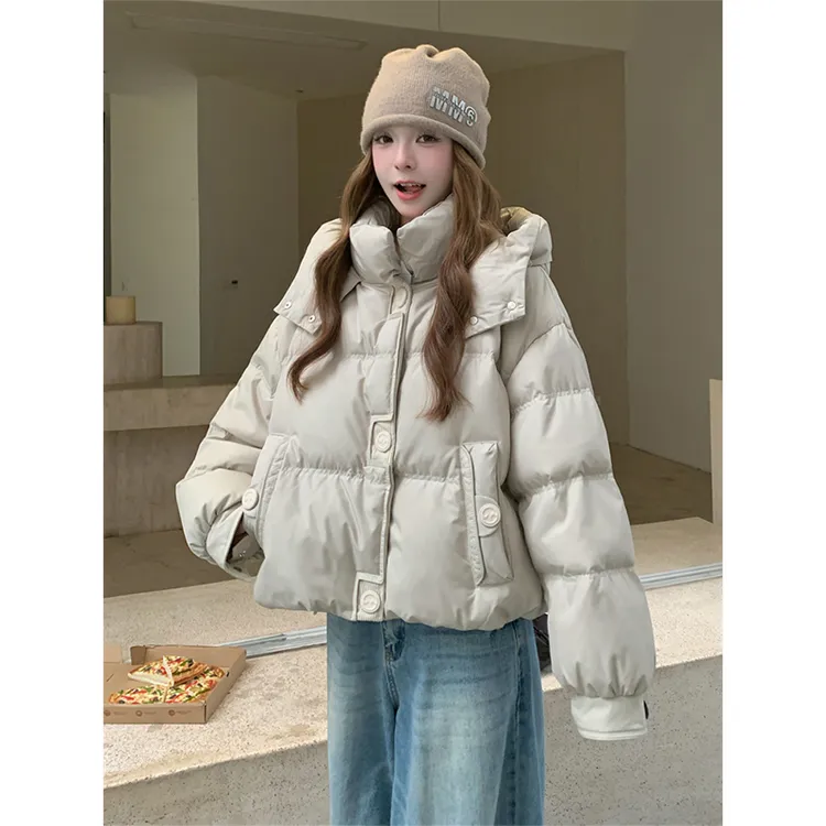韩系米色连帽短款棉服女冬季2025新款时尚保暖加厚显瘦面包服外套