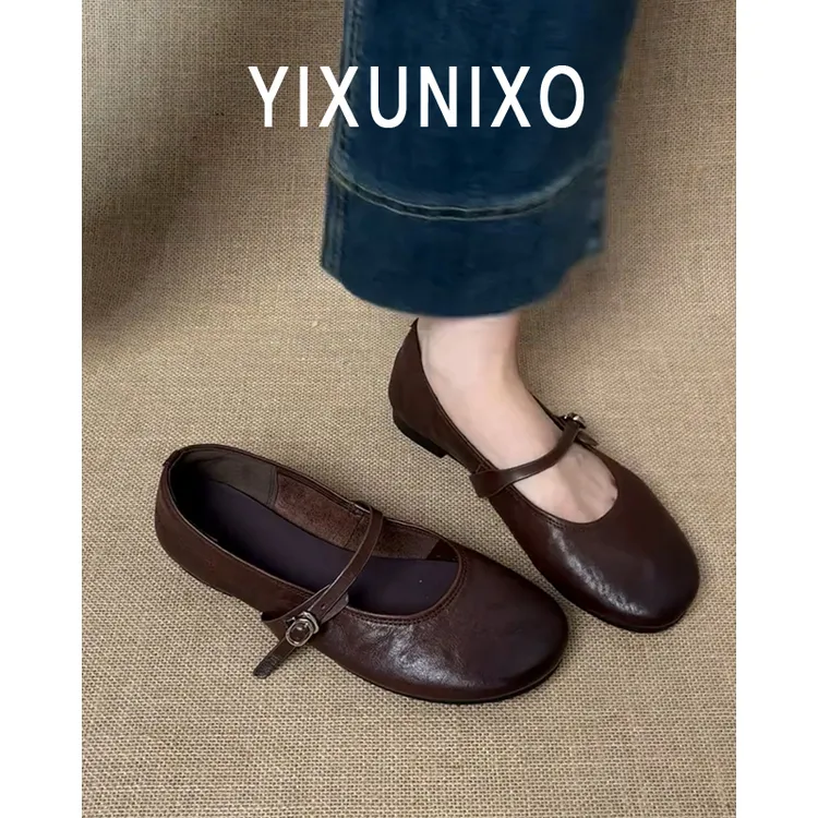牛皮版~棕色圆头平底真皮小单鞋女新款浅口绑带软底软面玛丽珍鞋