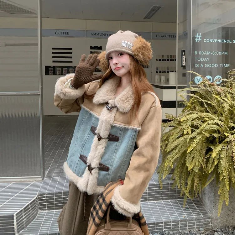 复古港风牛仔拼接皮毛一体外套2025冬新款小众潮酷炸街ins风棉衣