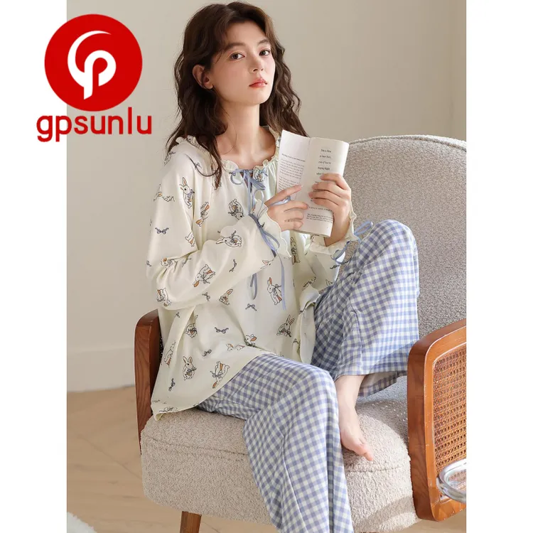 gpsunlu「韩系小清新」纯棉女睡衣春秋新款长袖长裤家居服两件套