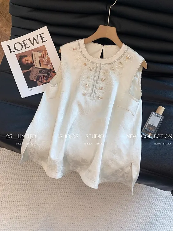 国风气质无袖新中式钉珠暗纹提花缎面背心女夏高级感宽松显瘦上衣