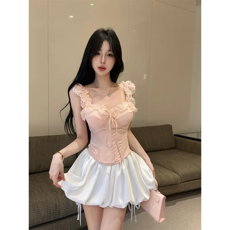 粉色蕾丝吊带背心女早夏纯欲辣妹一字肩鱼骨抹胸小上衣巨好看绝美