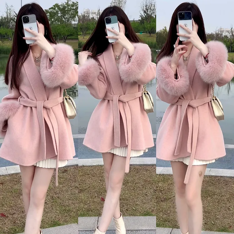 秋冬定制轻奢羊绒双面羊毛大衣名媛时尚外套百搭显瘦粉色洋气收腰