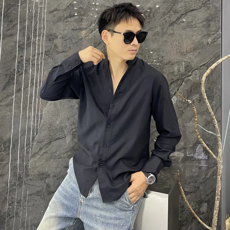 秋季V领立领垂感修身长袖衬衫休闲百搭韩版高级感痞帅衬衣黑衬衫