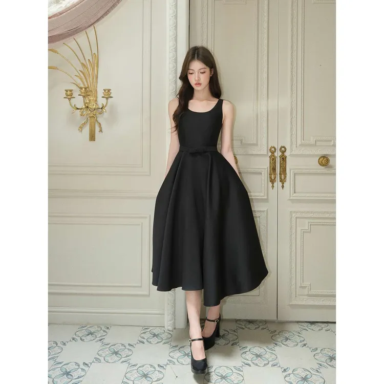 /蝴蝶结领赫本长裙/法式收腰无袖连衣裙礼裙气质女