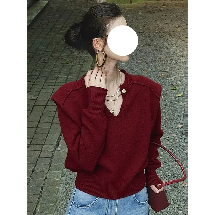 时髦气质安可拉红v领设计感毛衣2025冬季新款软糯百搭长袖针织衫