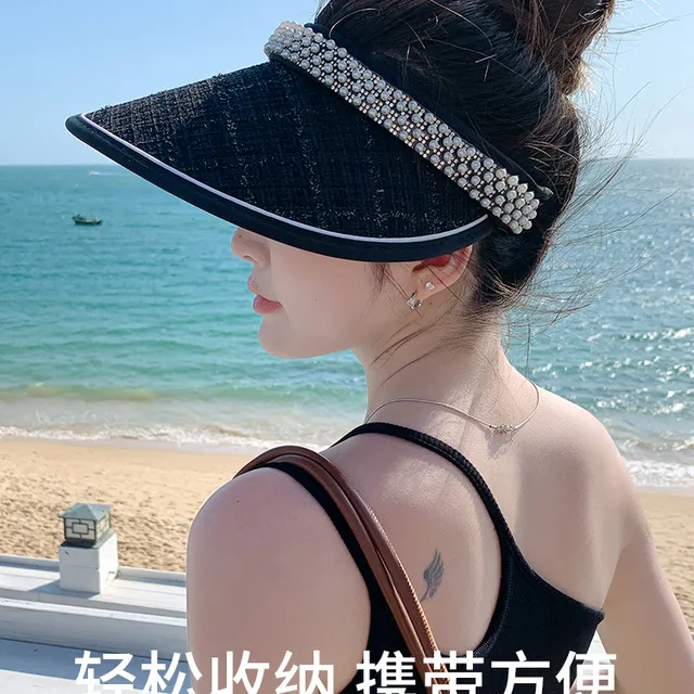 草帽女夏季2025珍珠帽发箍空顶草编发卡户外遮脸遮阳防晒太阳帽子