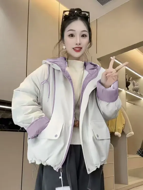 【小火炉《全身加绒》巨保暖】加绒加厚拼色棉衣宽松连帽拼色女装外套