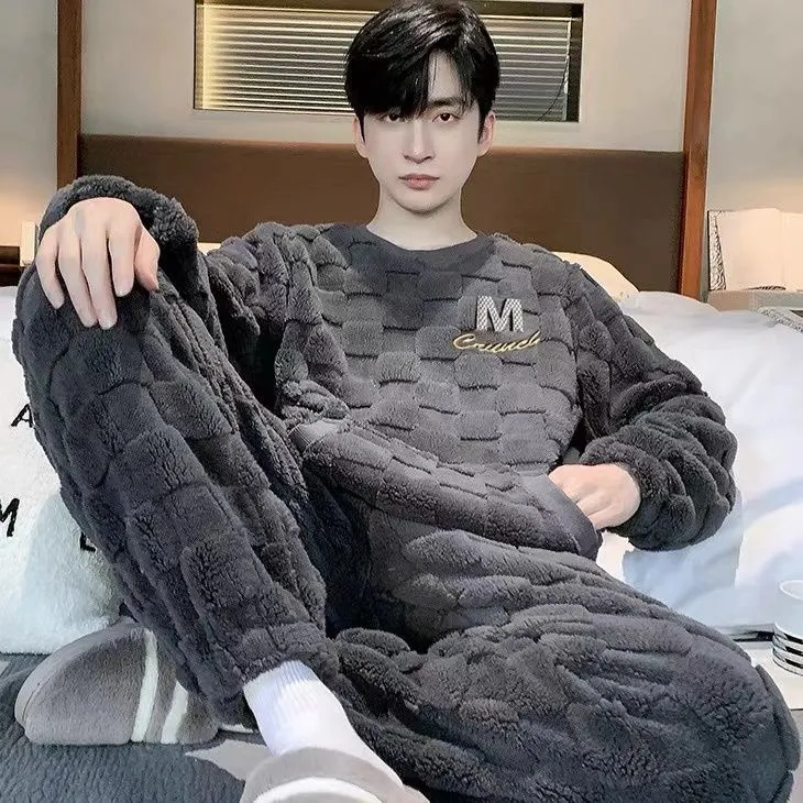 加绒加厚睡衣男冬季法兰绒秋冬季保暖加厚款珊瑚绒男士家居服套装