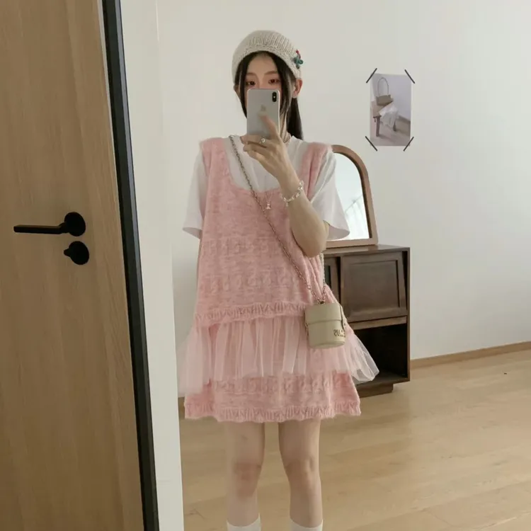203-背心网纱拼接法式甜美裙子套装早秋新款背心上衣短裙两件套女