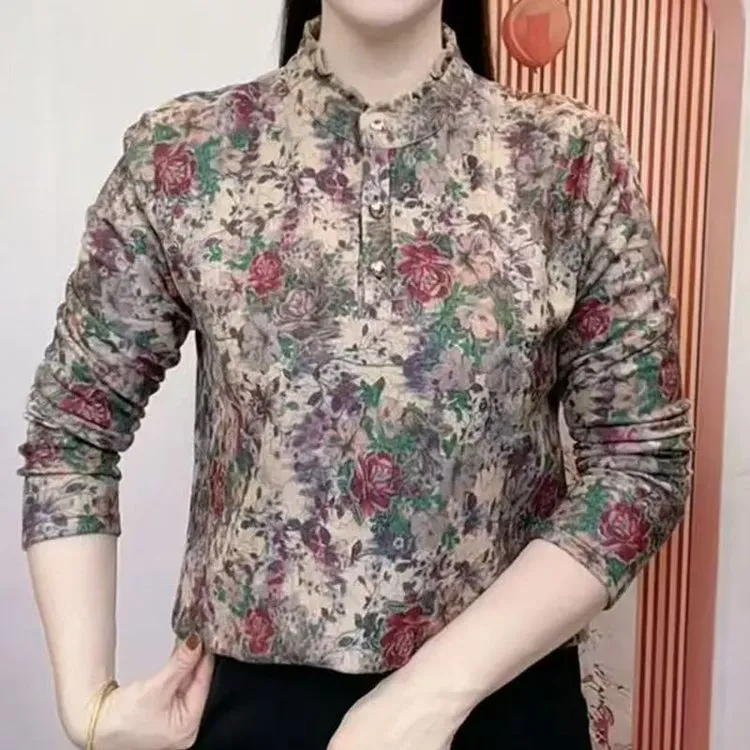 秋冬新款妈妈装木耳领加绒打底衫中年女洋气显瘦百搭碎花保暖上衣