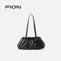 Fion/菲安妮【母亲节礼物】百搭真皮黑色褶皱腋下单肩包FAAFRMP004